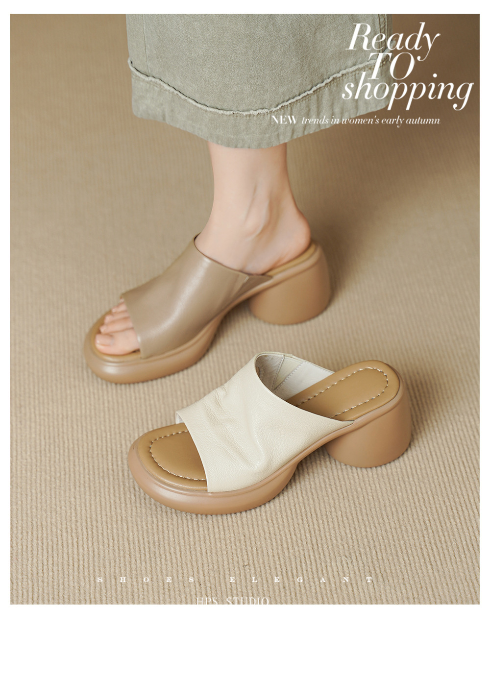 Sandal cao gót nữ hở mũi da dê gót thô 7 cm đế dày — màu trắng ngà chi tiết 3