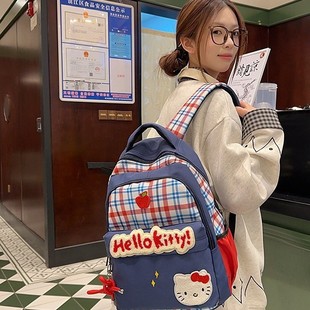 American Style Vintage Plaid Backpack Female College Student Niche Cute Cartoon Cat Backpack Large Capacity Lightweight Schoolbag