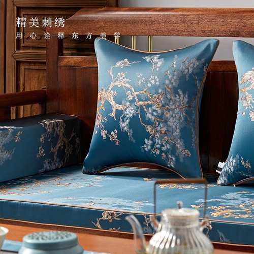 新中式实木沙发垫罩轻奢高级感四季通用靠背垫芯蓝色海绵坐垫套罩