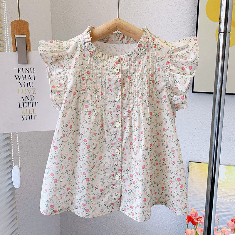 Girls' Summer 100% Cotton Short-Sleeved Shirt, Children's Pure Cotton Floral Print Top, Flutter Sleeve Button Cardigan, Korean Style, Loose Fit for Elementary School Students