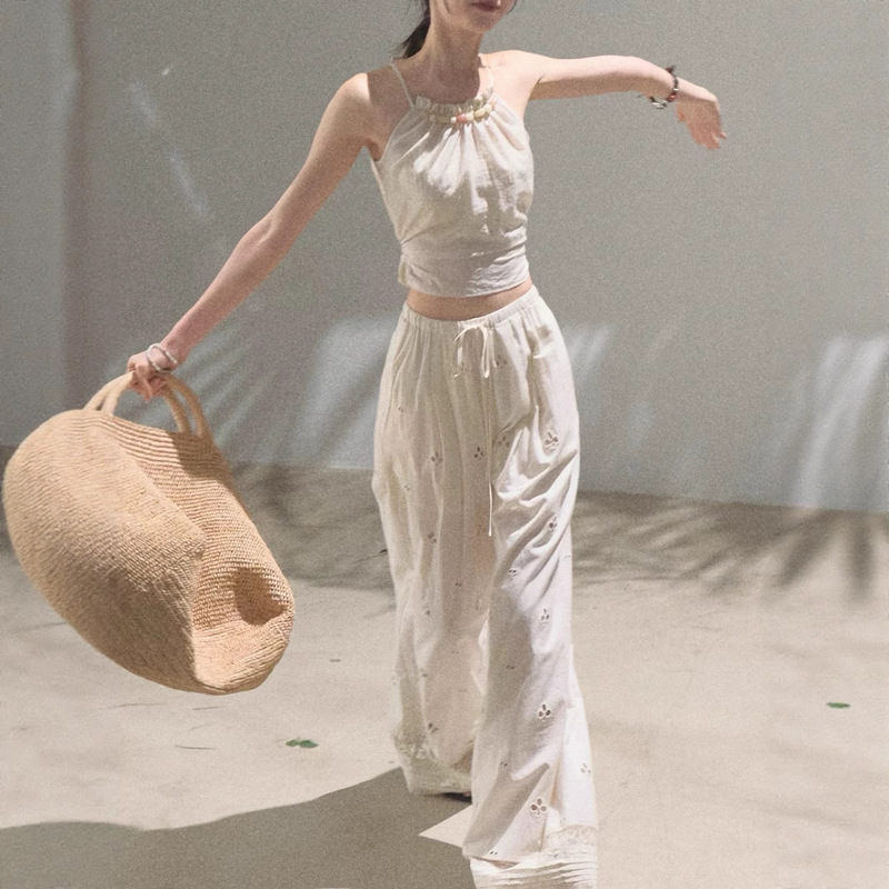 Oakmoo/"Love Letter to Yourself" Cotton Cashew Flower Hollow Embroidered Holiday Casual Drawstring Trousers Summer