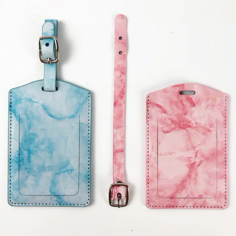 现货大理石纹多色可定LOGO行李牌油边车缝线带金属五金扣pu行李牌