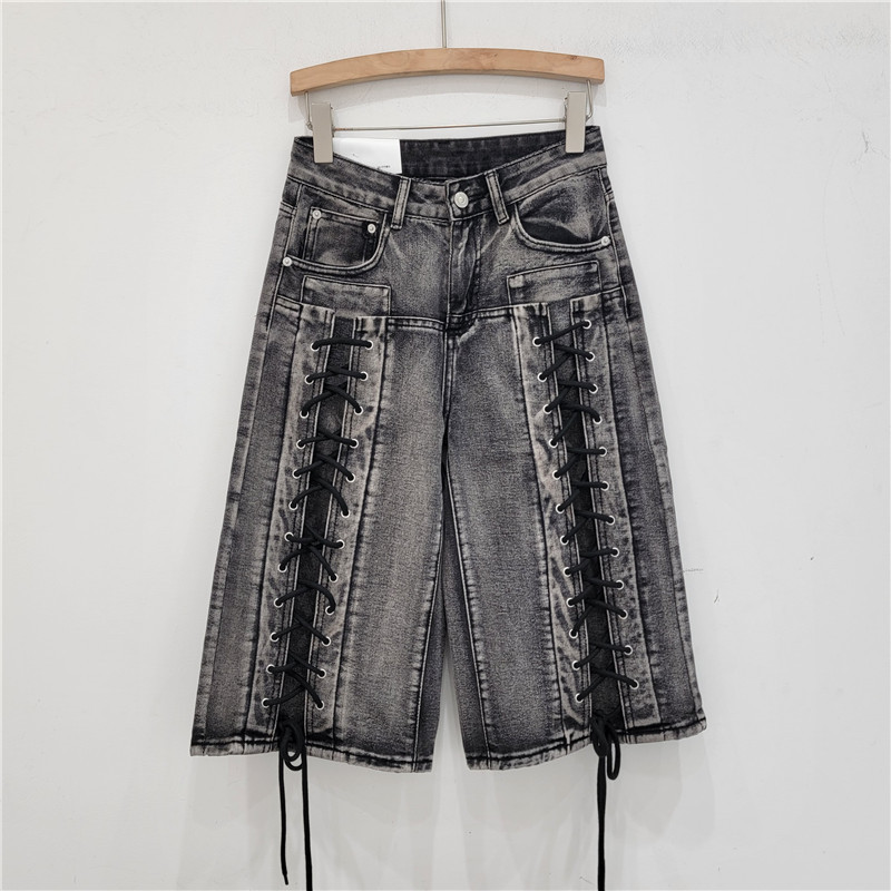 Pantalones Cortos de Mezclilla con Cordón para Mujer de Mezclilla Lavado