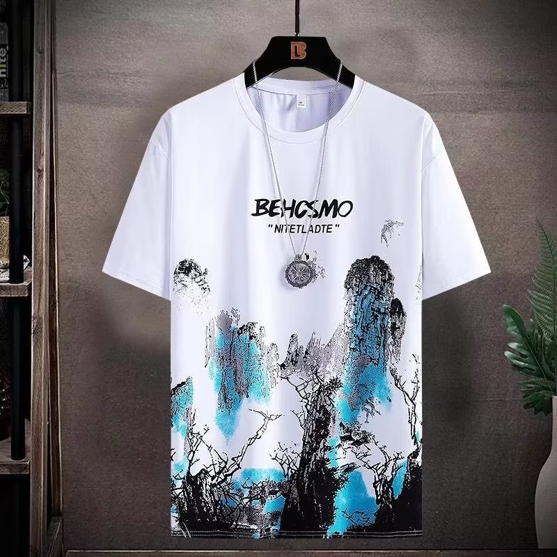 Camiseta de manga corta para hombres, ropa de manga corta, Top con marca de agua de moda de estilo chino, pintura de tinta, pintura de paisaje, verano Nuevo