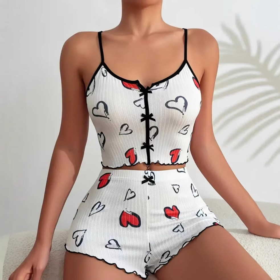 2024亞馬遜速賣通新品 心形印花撞色居家服 前襟開叉吊帶睡衣套裝