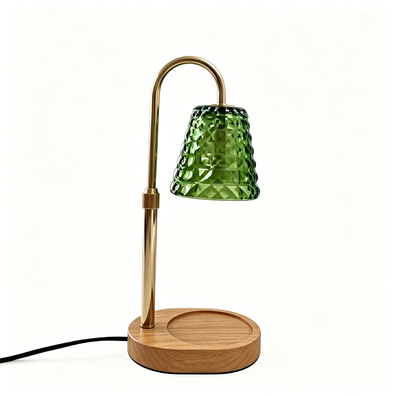 Retro vidrio verde diamante lámpara de cera fundida base de madera lámpara de vela fundida sin humo dormitorio aroma atmósfera lámpara de escritorio al por mayor