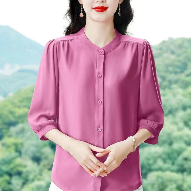 高端衬衣妈妈宽松夏季新款小衫七分袖纯色中袖薄款衬衫上衣女|undefined