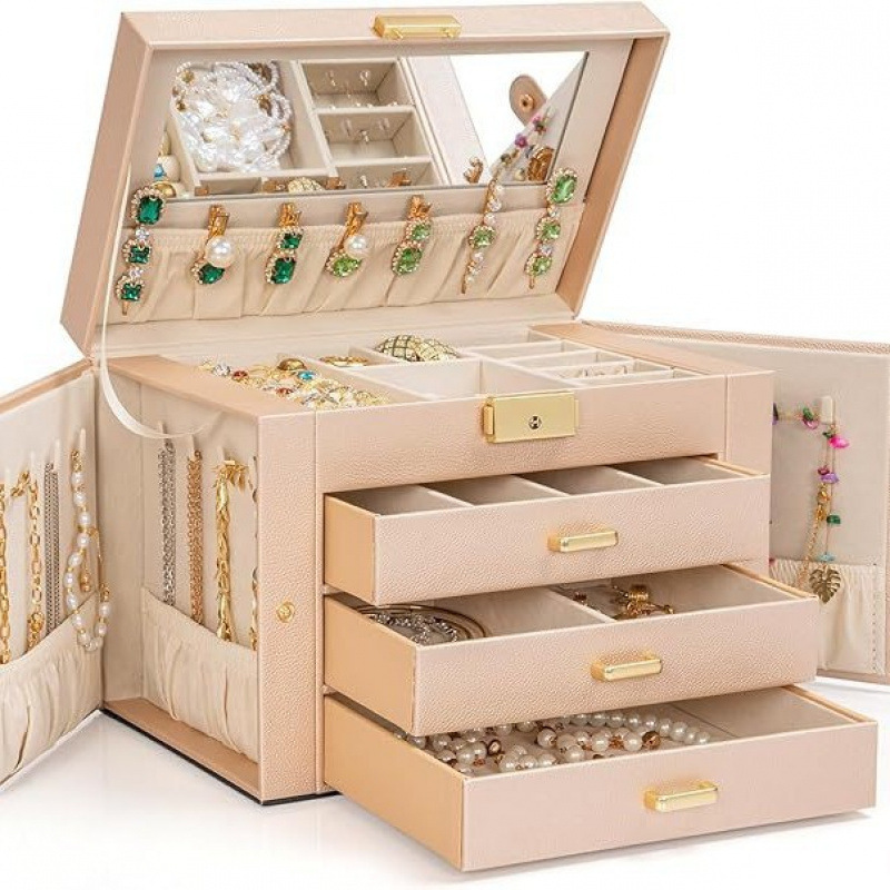 Cuatro capas de lujo de gran capacidad con espejo caja de joyería caja de almacenamiento de joyería pendientes tipo cajón collar caja de joyería