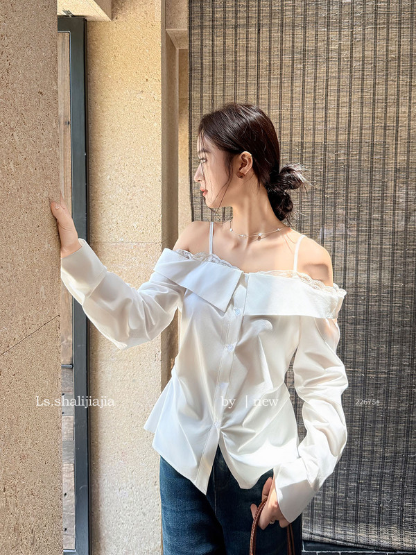 LS 优雅极简蕾丝拼接衬衫上衣 广州十三行2025早秋新品女装22675#|undefined
