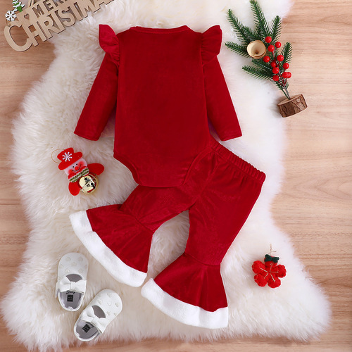 New European and American Style Christmas Baby Romper & Crawling Suit Set: Girls' Onesie + Flared Pants 2-Piece Set