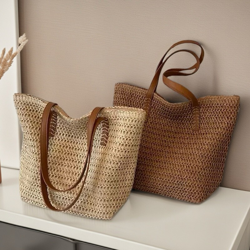 Ready-Made Large-Capacity Straw Bag, Simple Hand-Woven Bag, Commuter Tote Bag, Vacation Beach Bag, Armpit Bag