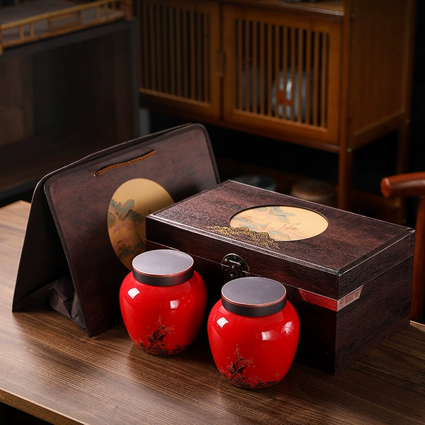 Retro wooden box red wave double cans