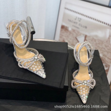 包头高跟尖头凉鞋2023春新款时尚透明水钻蝴蝶结仙女风细跟单鞋女