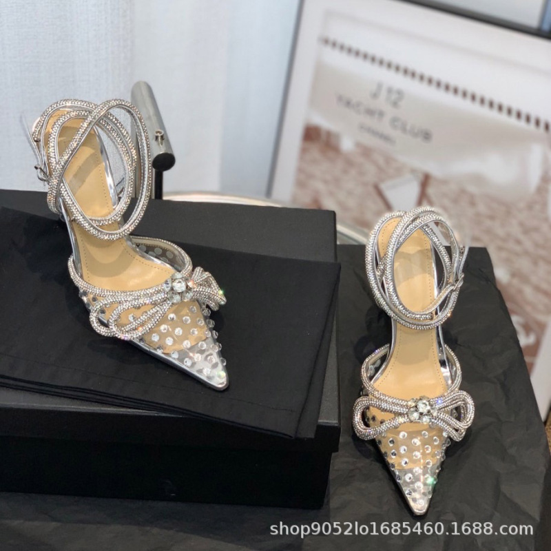 Baotou High Heel Pointed Toe Sandals 2023 Spring New Fashion Transparent Rhinestone Bow Fairy Style Fine Heel Single-layer Shoes for Women