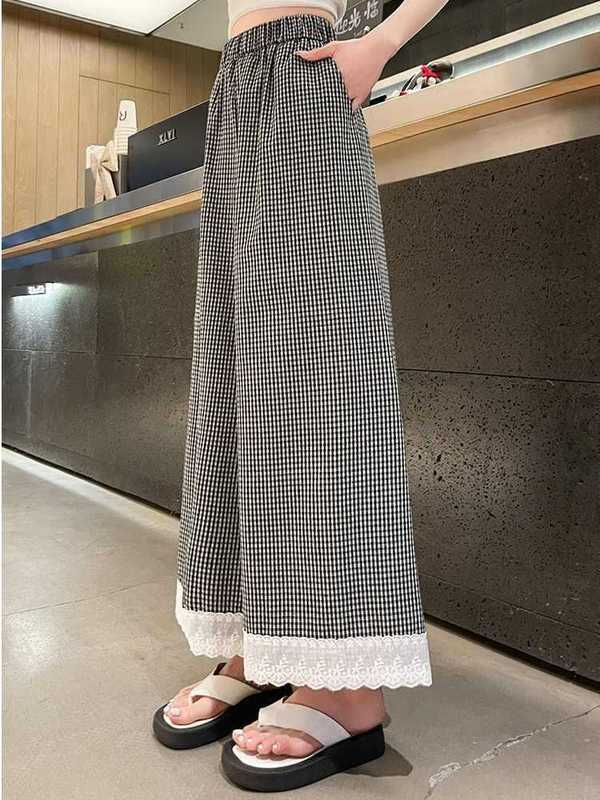 大きいサイズのレースチェック柄ワイドレッグパンツ女性のための 2025 夏の新しいルーズカジュアル多用途ストレートパンツトレンディ|undefined