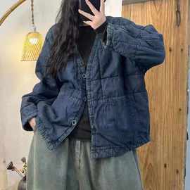 2025冬季新款 韩版宽松复古风牛仔做旧V领加棉外套百搭保暖棉衣女