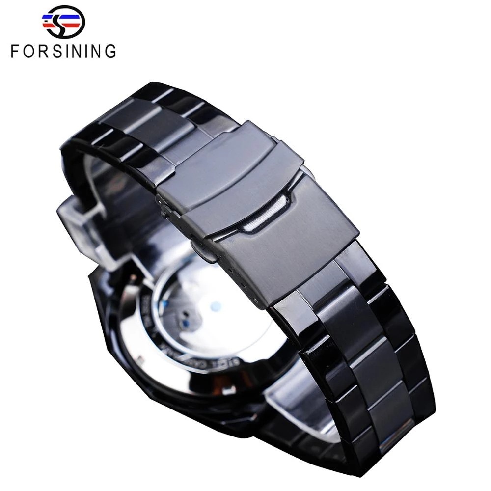 Forsining Black Three Plate Men's Mechanical Watch Automatic Tourbillon Hollow Moon Phase Weekly Steel Band Watch_voghion.com