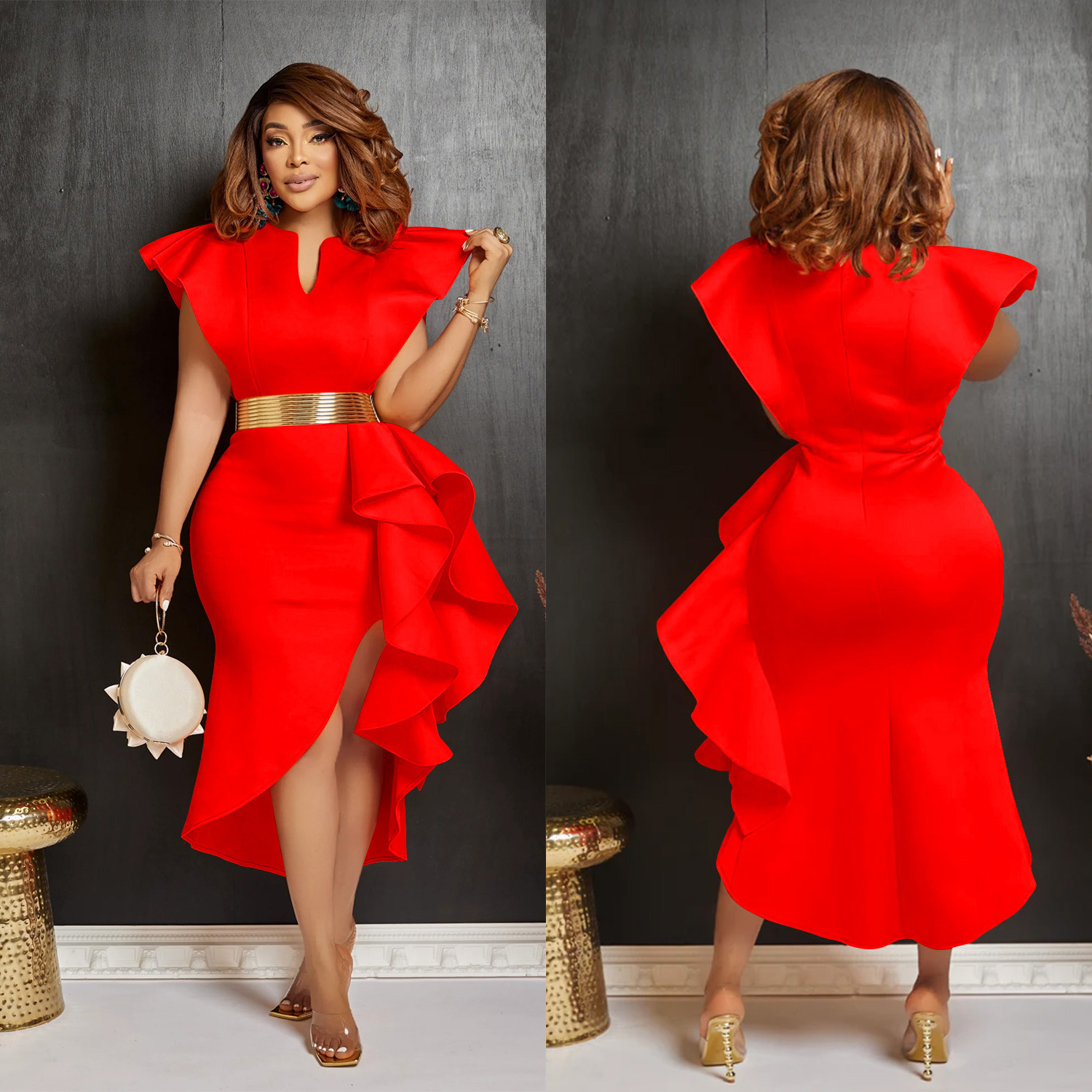 C6740 transfronterizo AliExpress Amazon de las mujeres de moda europea y americana de color sólido cinturón con volantes vestido irregular