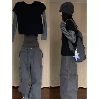 韩版假两件拼接设计感条纹长袖t恤女春秋季修身内搭显瘦短款上衣