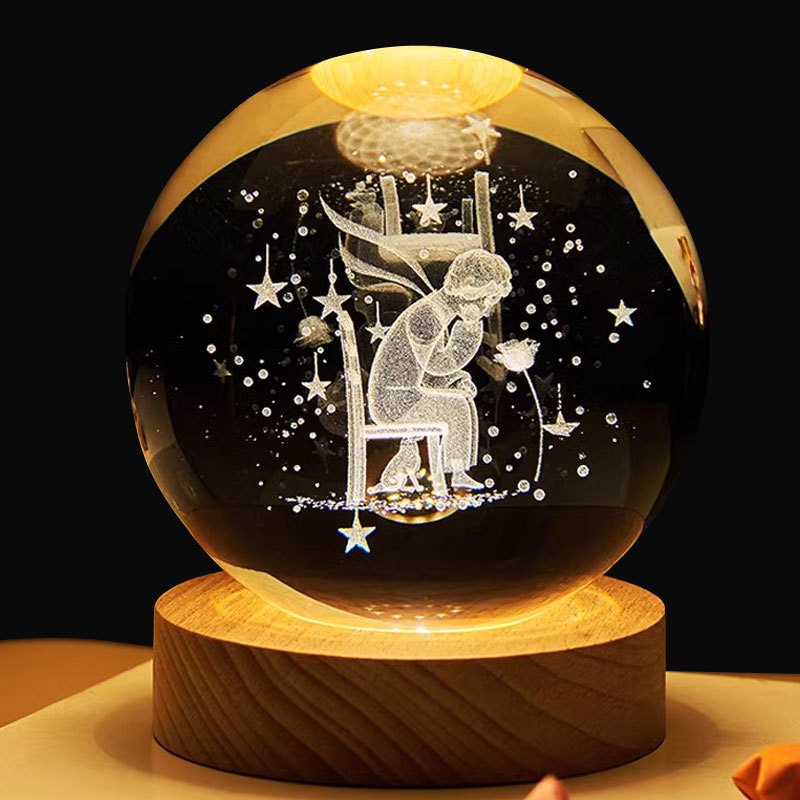 temu amazon una lámpara de noche de cristal de bola galáctica 3D láser interior grabado adornos de madera lámpara de noche galáctica