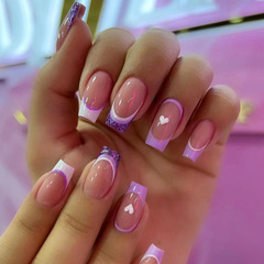 European-style French Purple Heart-shaped Valentine's Day Nail Stickers—Euro-Instagram-worthy Wearable Nails with Glittery Powder Designs