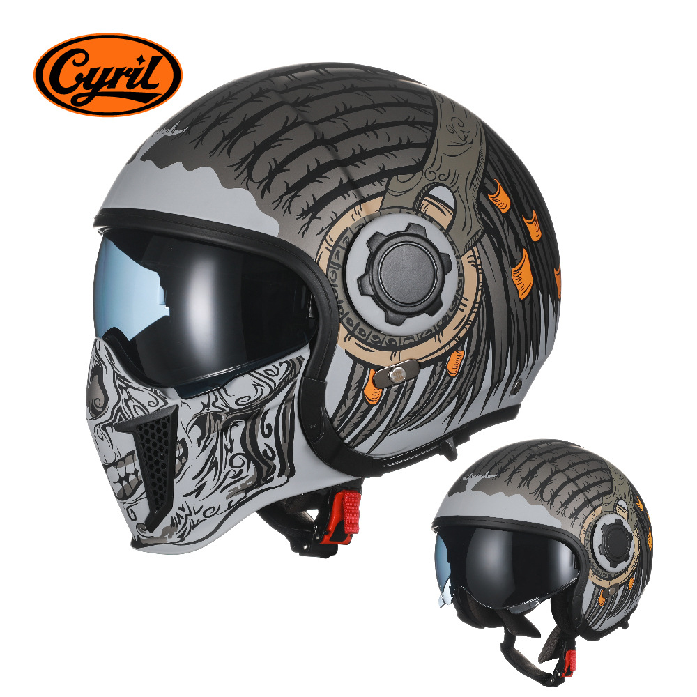 CYRIL El casco retro de la motocicleta Black Warrior se puede combinar con un casco completo para hombres y mujeres Casco de guerrero de la locomotora de la calle Four Seasons