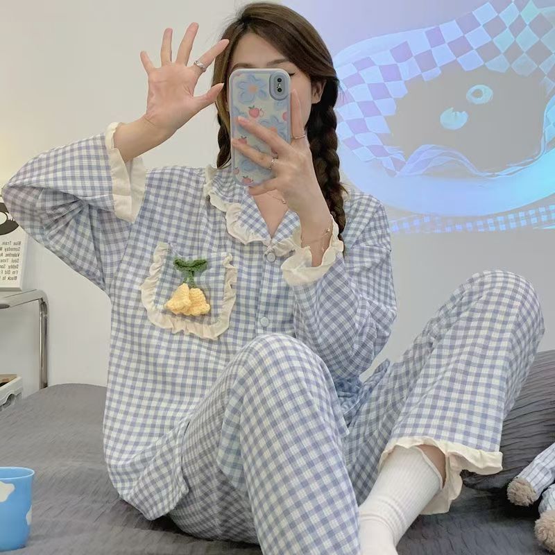 インス風甘いチェック柄笑顔小花パジャマ女性用春秋新作シンプルウェアラブル長袖日本製ホーム服|undefined