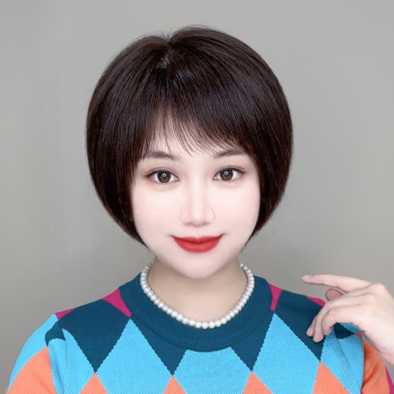 High-End Hand-Woven Bob Wig, Fashionable and Age-Reducing Full Wig for Women, Real Human Hair Short Hair with Perm and Dye, Air Bangs