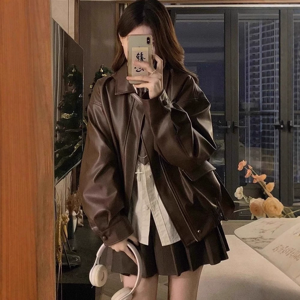 Brown autumn jacket, long-sleeve, Korean style, oversize