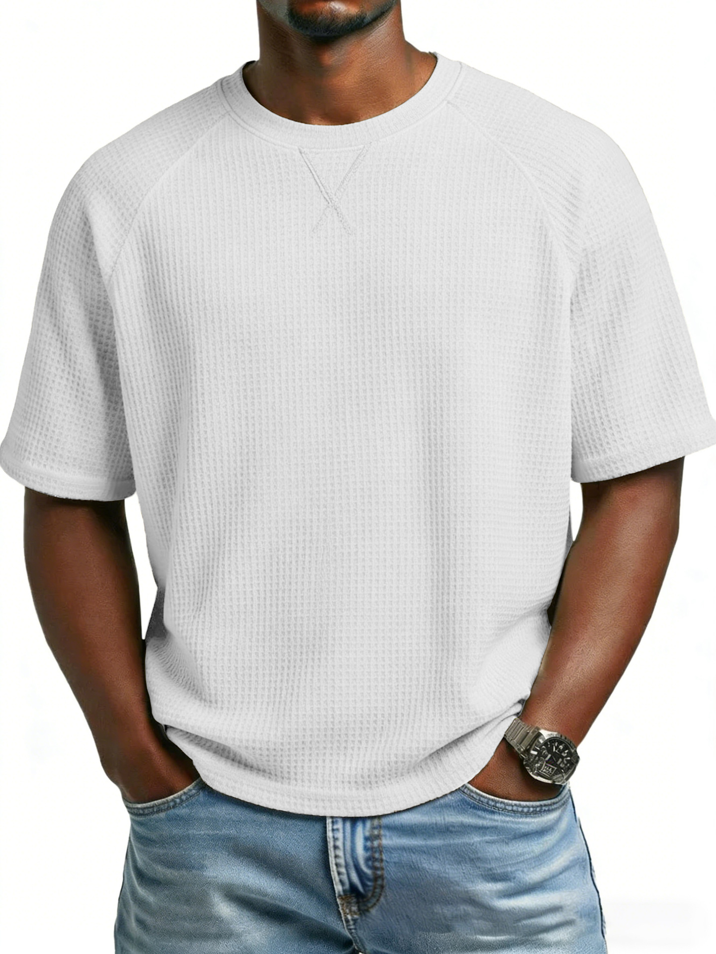 Europa y los Estados Unidos primavera y verano estación independiente transfronteriza hombre waffle de punto de manga de hombro cuello redondo TK manga corta camiseta de comercio exterior de hombre
