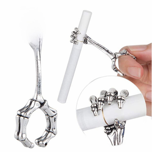 Euro-style Cross-border New Hand Bone Smoking Ring, Unique Ring with Cigarette Holder—Thick Cigar Version, Skull-Shaped Bracket & Clip