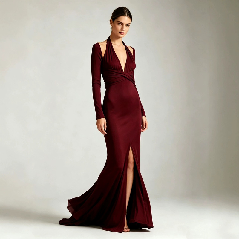 European and American foreign trade Amazon independent site autumn and winter solid color extended deep V-neck long-sleeve fishtail evening dress European and American foreign trade Amazon independent site autumn and winter solid color extended deep V-neck long-sleeve fishtail evening dress