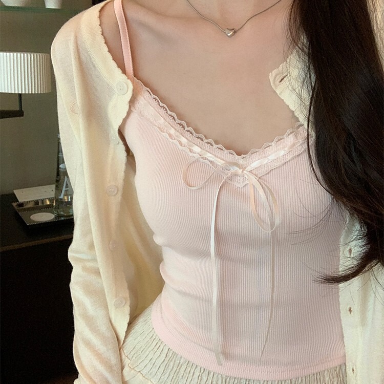 Pure Desire Lace Vest Sweet Base Spice Girl Bow Chest Pad Slim Sling Design Sleeveless Top