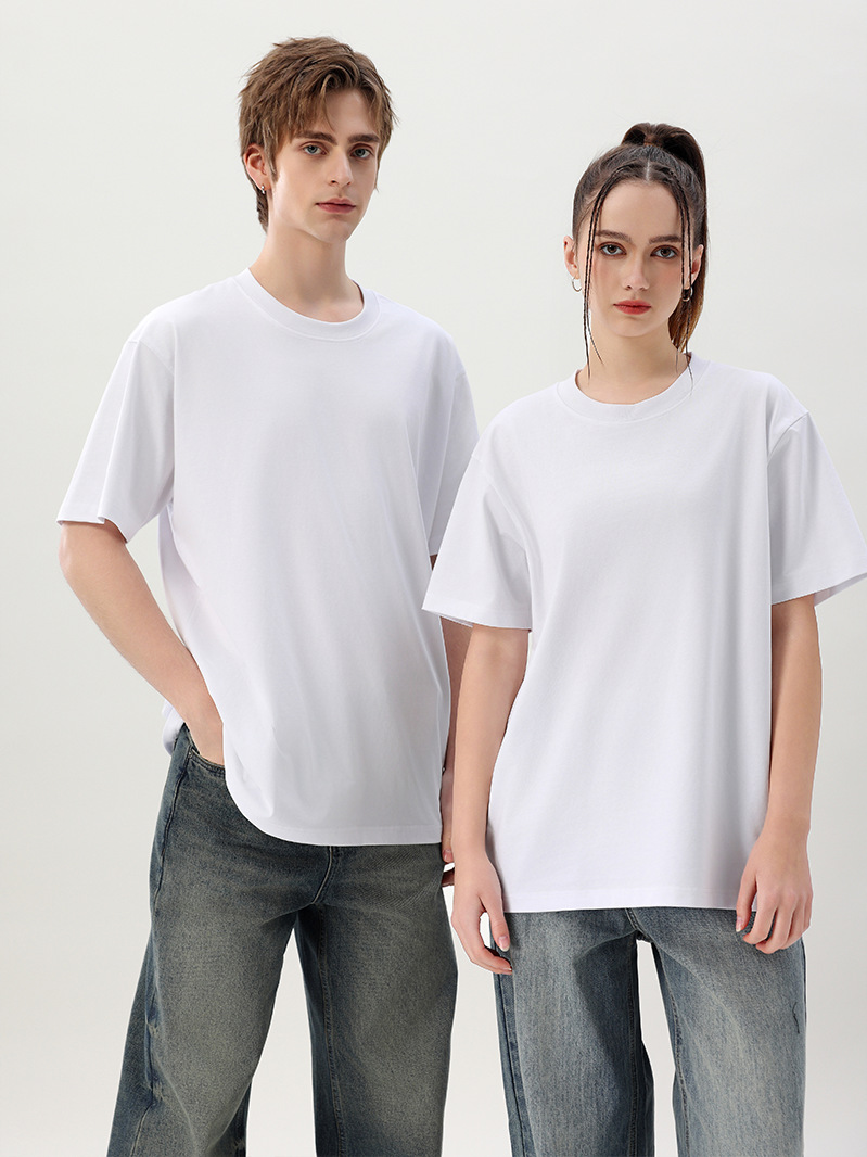 Camiseta de cuello redondo de algodón de color sólido pesado de 300g de verano para hombre, versión suelta de manga corta de doble hilo, camisa de fondo T de la marca de moda