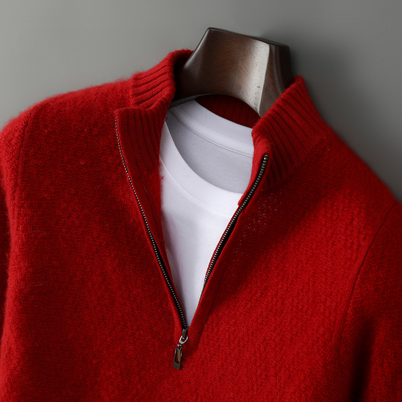 Autumn and Winter New Half-Zip Wool Sweater for Men, Fashionable Pure Wool Base Layer, High-End Fashion Thickened Sweater for Young and Middle-Aged Men
