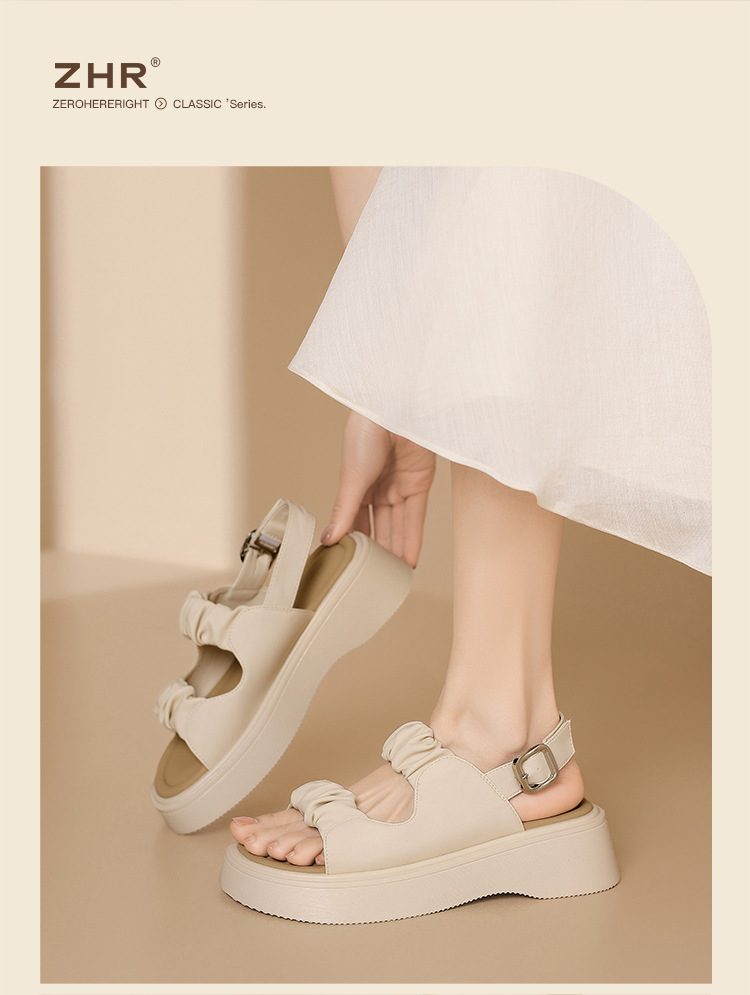 Sandal đế dày xếp ly nữ phong cách La Mã hở ngón đi biển — JF207P màu be chi tiết 15