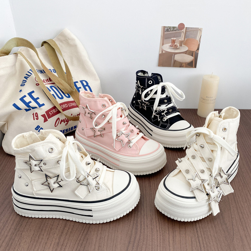 A6107 Latex Insole Rivet Design High-Top Canvas Shoes for Women Original Niche White Sneakers 2026 New Model