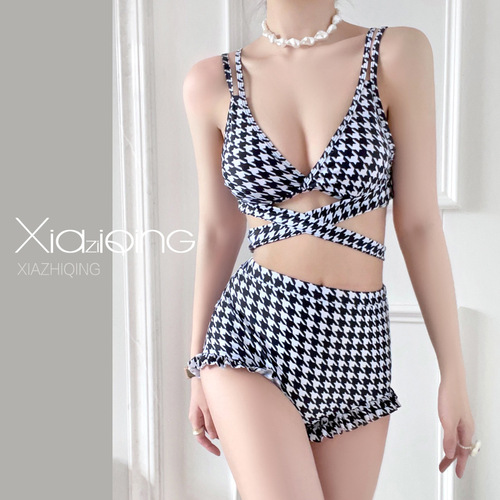 Song Zhiya's exact-match swimsuit for women: two-piece houndstooth bikini perfect for hot springs—single life equals 