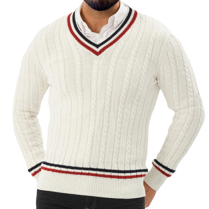 Pull à col en V et manches longues pour homme, couleur assortie, pull slim en tricot_voghion.com