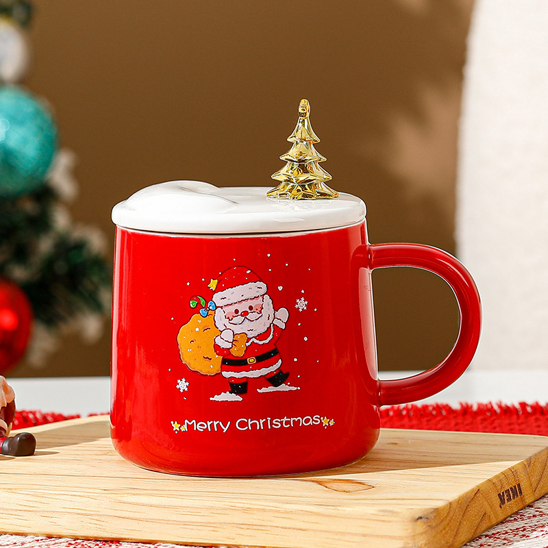 Taza de Navidad con Tapa y Cuchara, Taza de Cerámica para Café y Agua, Regalo Estudiantil Navideño