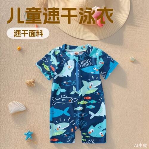 One-piece children's one-piece swimsuit, baby short-sleeved children's seaside beach clothes, baby quick-drying clothes, baby clothes, baby clothes.