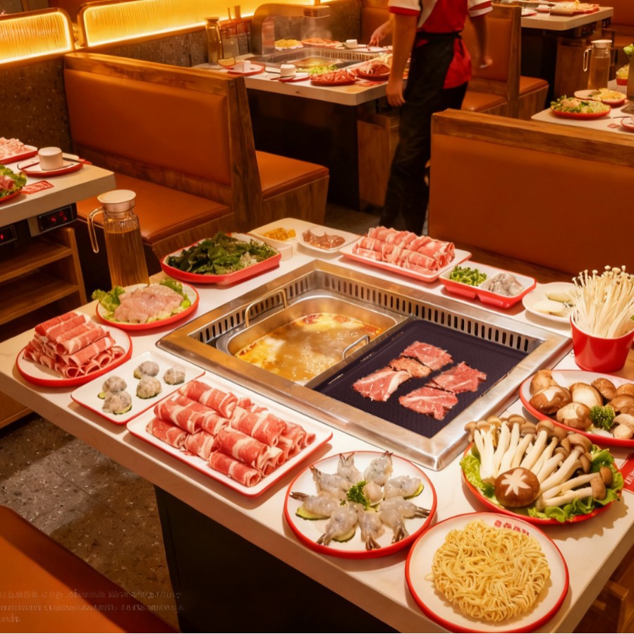 Oubao Luo Commercial Hot Grilled Shabu-Shabu Integrated Equipment Tableware Table Manufacturers Wholesale Price Direct