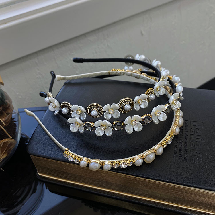38g Weight Headwear Classification Plaid, Flower Pattern Women'S Gender Black Color Korean Version Pearl Flower Full Diamond Headband 5