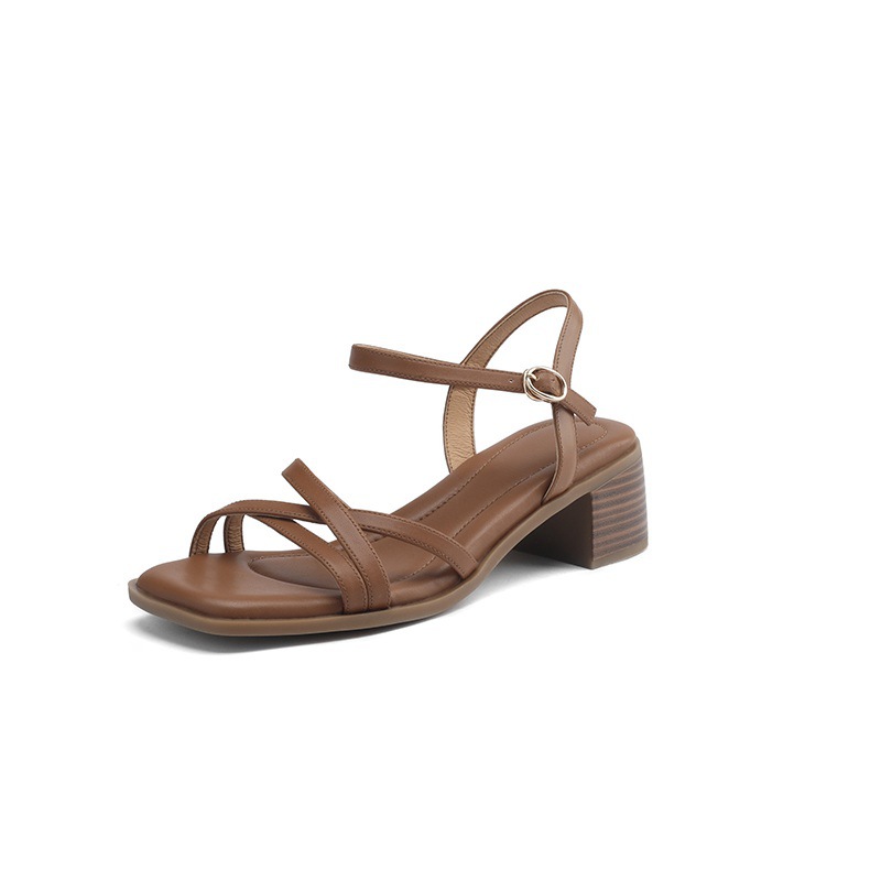 Sandal quai ngang gót vuông hở mũi da bò lớp đầu phong cách La Mã — Màu nâu