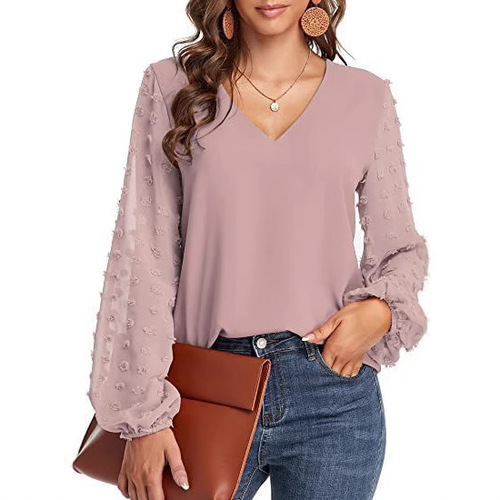 European and American fashion hot item: V-neck chiffon patchwork long-sleeved chiffon shirt with large fur balls