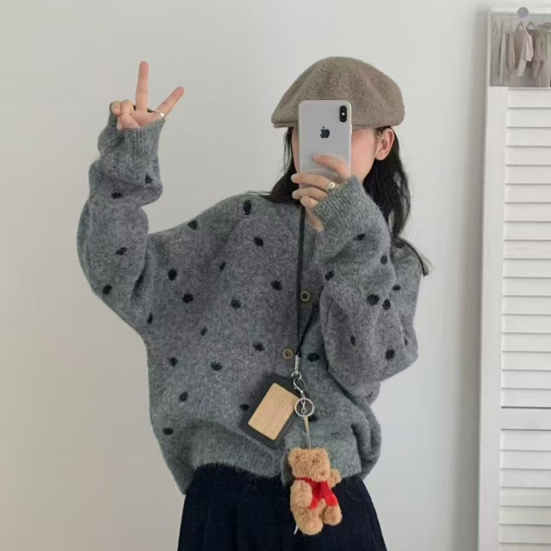 Kaning Korean Style Round Neck Polka Dot Knitted Cardigan 2026 Autumn and Winter New Soft and Youthful College Style Sweater Jacket