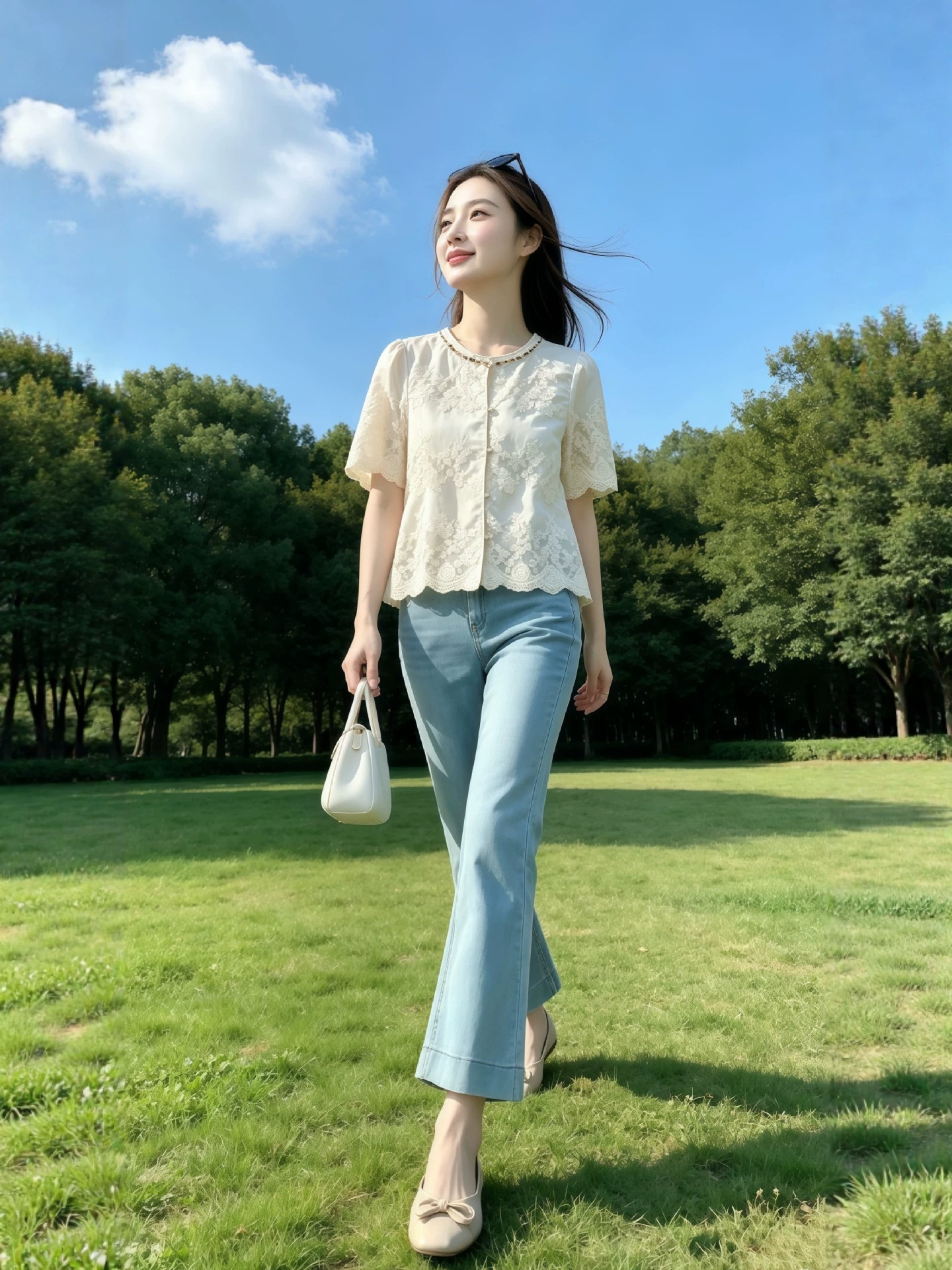 Áo sơ mi nữ tay ngắn ren thêu cao cấp, phối đính cườm, form suông nhẹ — màu trắng ngà
