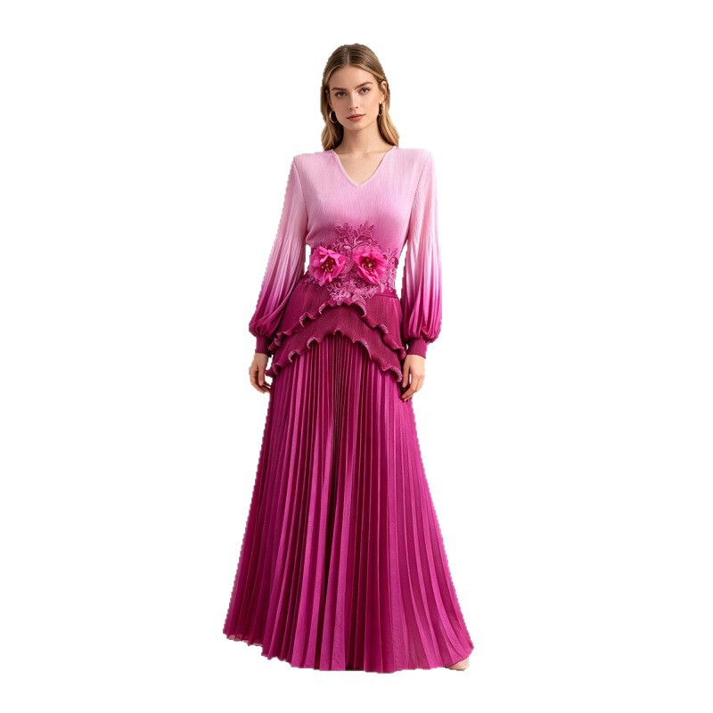 Cross-border foreign trade lantern sleeve ruffled waist loose pleated dress with pleated skirt and studded belt long dress Cross-border foreign trade lantern sleeve ruffled waist loose pleated dress with pleated skirt and studded belt long dress