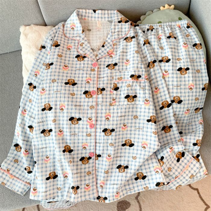 Al por mayor transfronterizo primavera y otoño nuevo pijama de mujer nubes de algodón con solapa cardigan de manga larga pantalones dulces set de ropa para el hogar