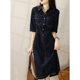 2023 Summer new pure color blue Korean style Denim stitching midi dress high waist temperament commuter dress